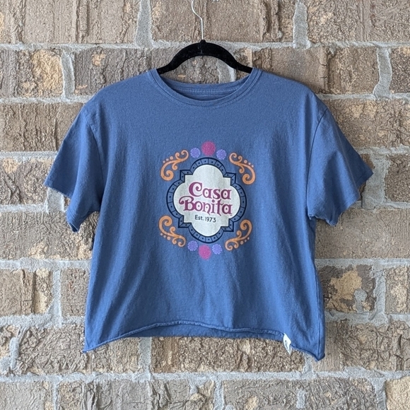 Casa Bonita Tops - Casa Bonita Denver Colorado Cropped Short Sleeve Tee Size Medium Slate Blue